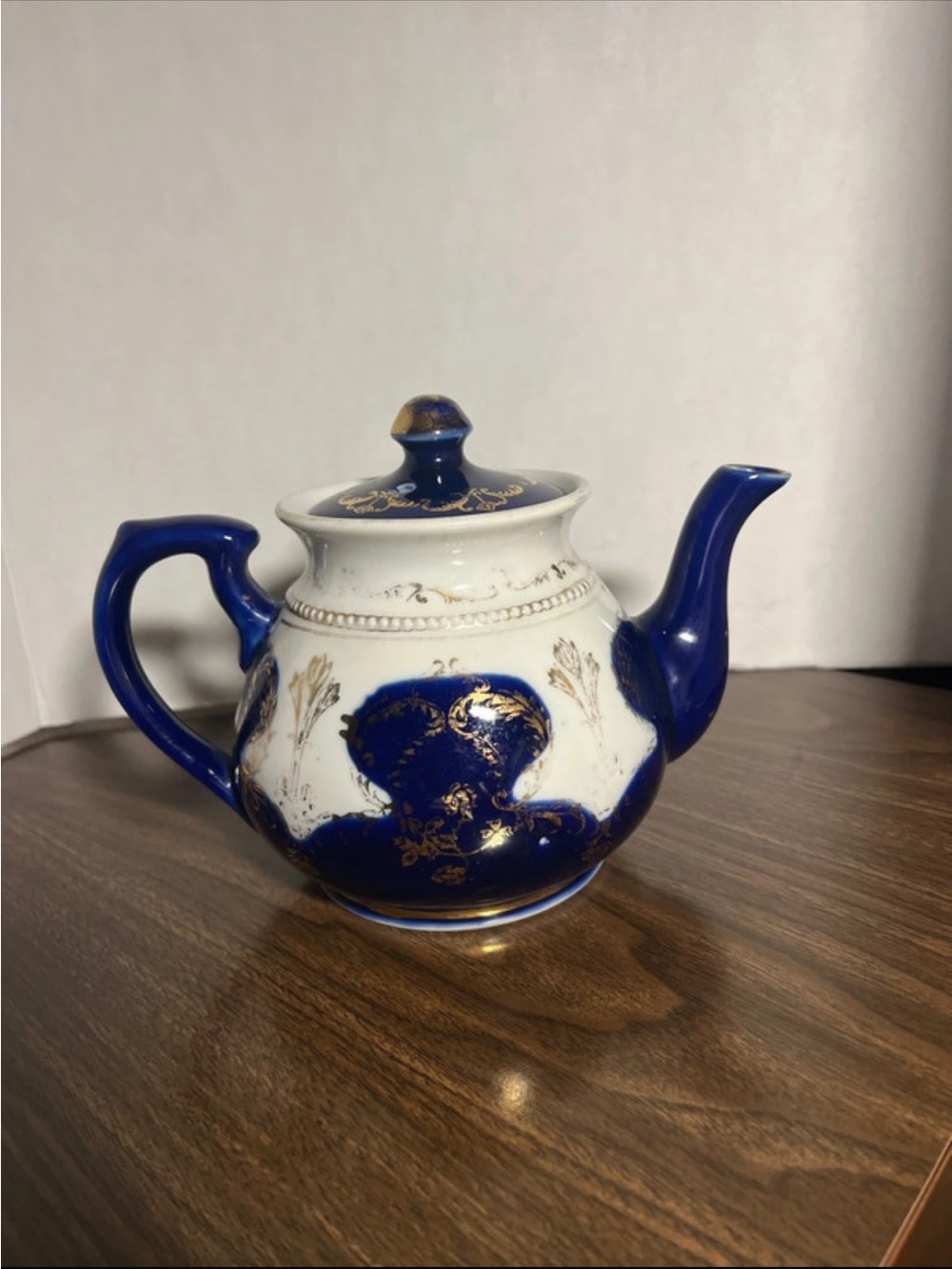 Cobalt Blue and White Porcelain Teapot with Gold Trim